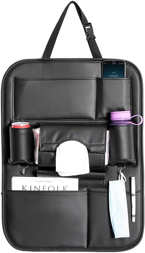 2-piece PU leather high-end car seat backrest storage bag, travel accessories, kick pads, rear seat protectors and cup holders, universal seat covers, black