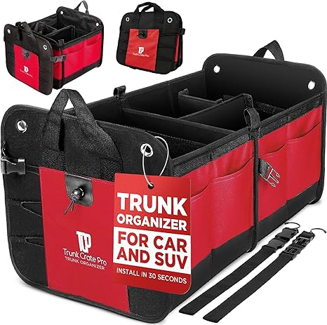 The trunk storage box is suitable for cars, SUVs and trucks. It is a high-end adjustable multi-compartment foldable car trunk storage bag with a fixed strap and an anti-slip bottom (large size, black).