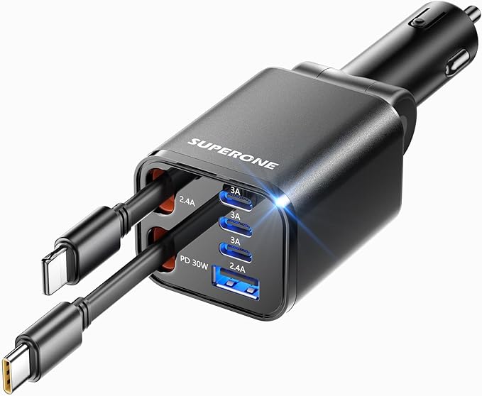 Extendable car charger,SUPERONE 99W car charger with cable for fast charging,USB C car charger adapter for iPhone 17 16 15 14 13 12, Samsung, black