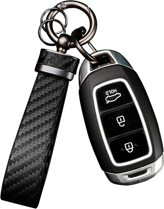 Leather car keychain - Carbon fiber internal keychain with anti-loss D-ring - car accessory keychain (black)