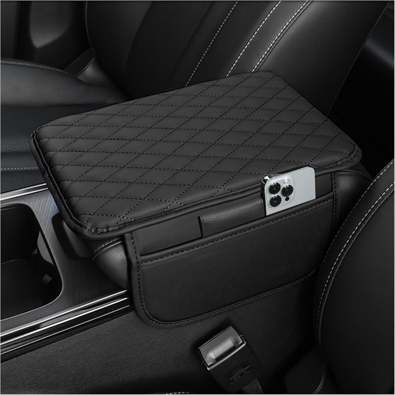 Upgrade the car center console cover, ultra-fine fiber leather car armrest pad with 2 storage bags, car armrest storage box, most vehicle interior accessories (black)