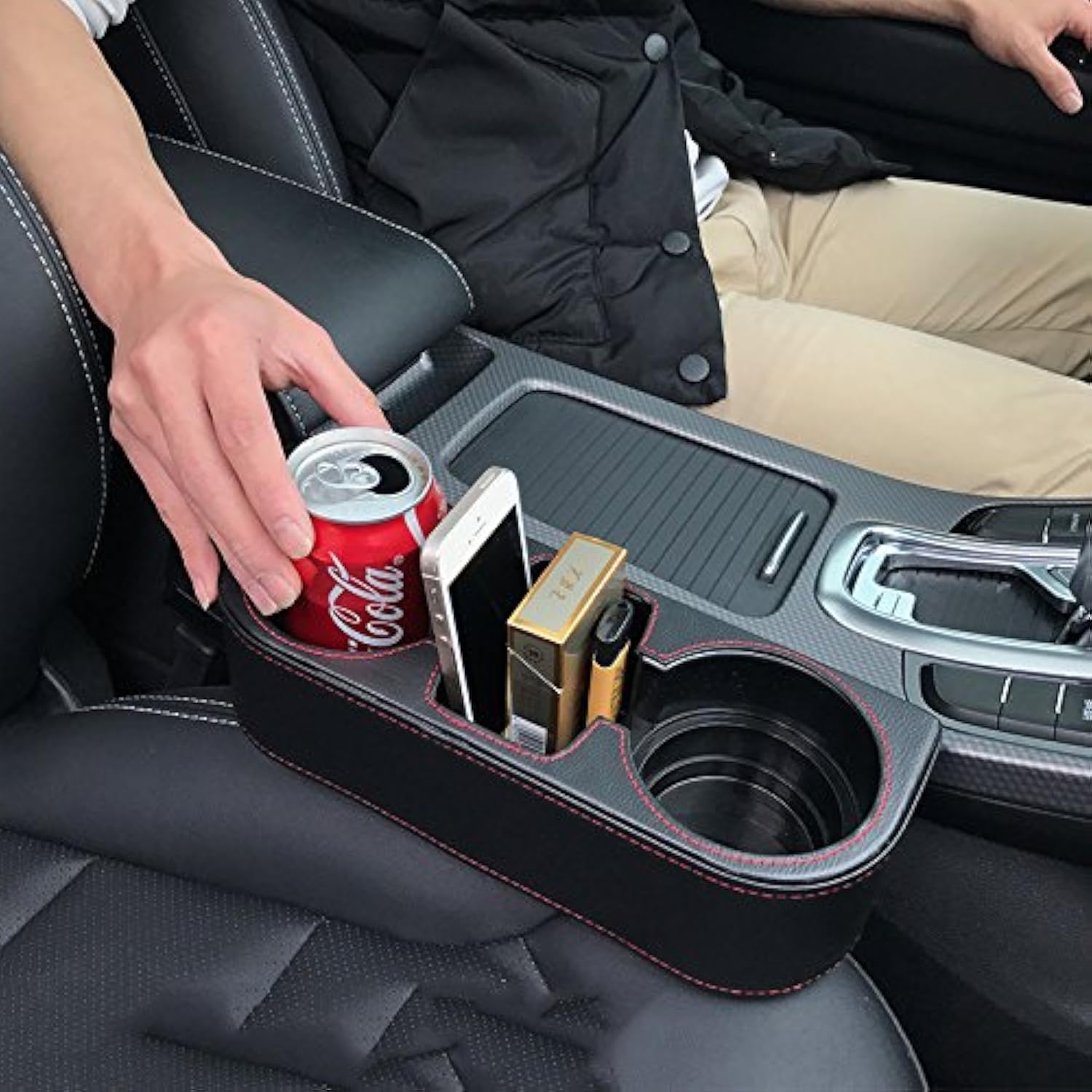 Car cup holder, automatic cup and beverage rack, multi-functional automatic front seat storage bag with PU leather case, gap-filled storage box, coin bucket, console side pocket, mobile phone stand