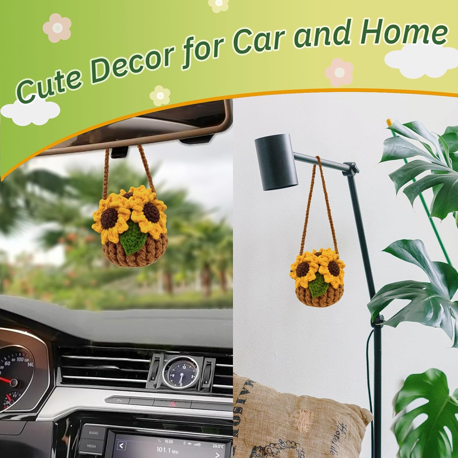 Crochet hanging plants are suitable for cars, car interior decoration, strawberry aesthetic car parts for ladies' interiors, car decoration hangers for rearview mirrors, Bohemian car decoration