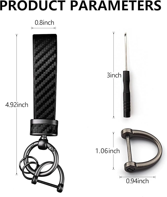 Leather car keychain - Carbon fiber internal keychain with anti-loss D-ring - car accessory keychain (black)