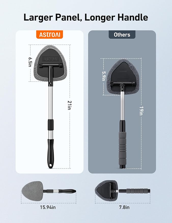 Windshield cleaning tools, car interior detail cleaning kit, with retractable handle and 4 reusable microfiber pads, car glass wiper brush kit for automobiles, blue,15.9"-21"