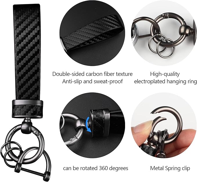 Leather car keychain - Carbon fiber internal keychain with anti-loss D-ring - car accessory keychain (black)