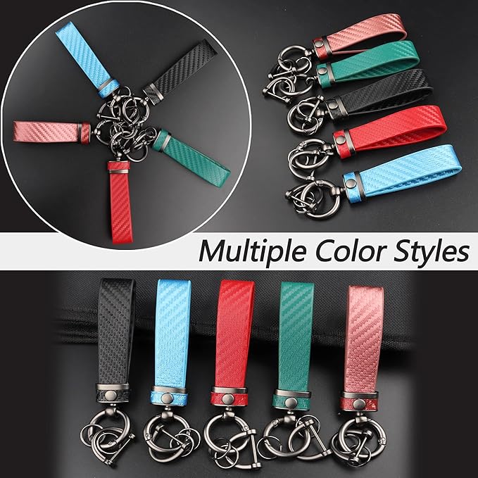 Leather car keychain - Carbon fiber internal keychain with anti-loss D-ring - car accessory keychain (black)