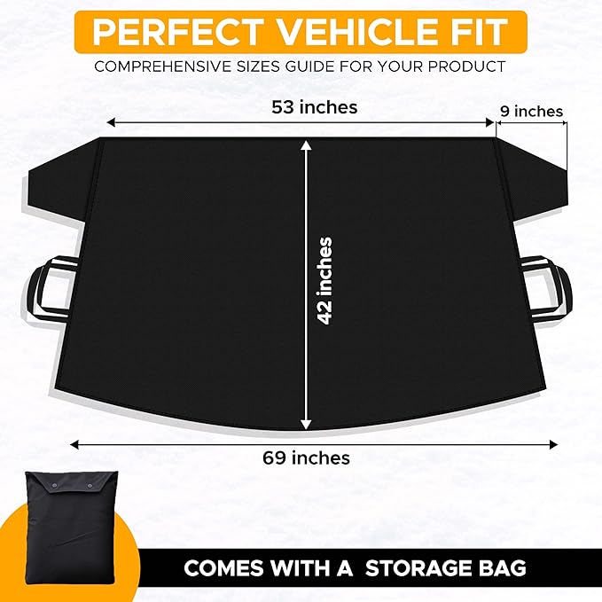 Ice and snow windshield cover, heavy-duty 600D Oxford fabric, car, off-road vehicle and truck windshield protection case, safety fit waterproof frost cover, winter auto parts, medium size (175.32 cm x 106.68 cm)