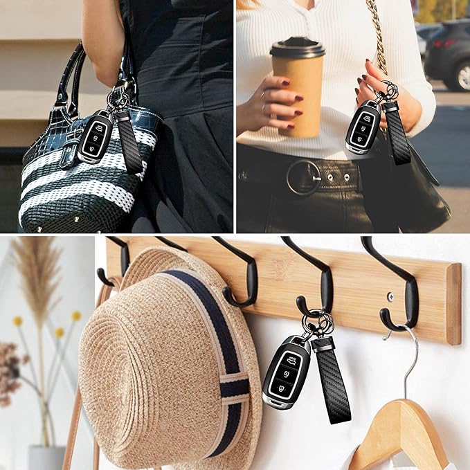 Leather car keychain - Carbon fiber internal keychain with anti-loss D-ring - car accessory keychain (black)