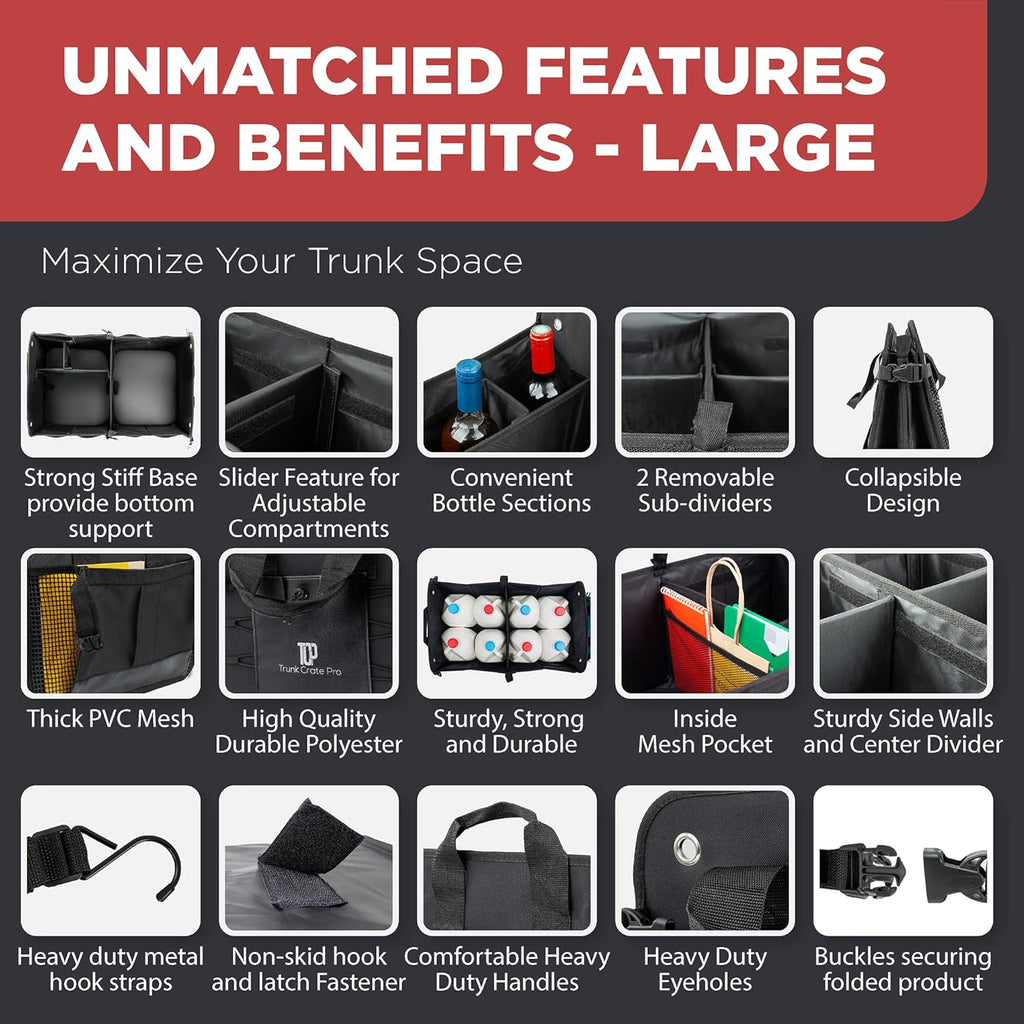 The trunk storage box is suitable for cars, SUVs and trucks. It is a high-end adjustable multi-compartment foldable car trunk storage bag with a fixed strap and an anti-slip bottom (large size, black).