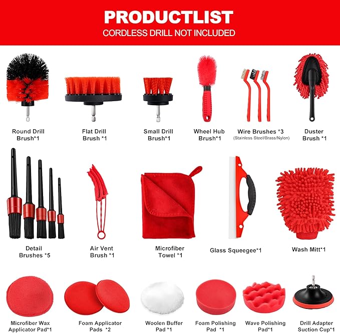 Automobile detail kit, automobile cleaning kit, with drilling brush and internal tools, hub cleaner, polishing pad, automatic wax applicator accessories (25 pieces)