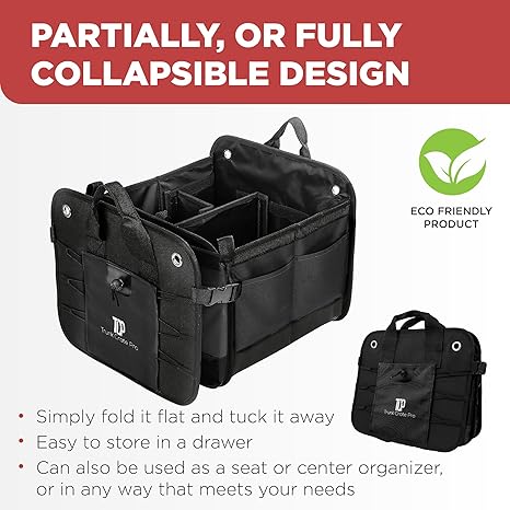 The trunk storage box is suitable for cars, SUVs and trucks. It is a high-end adjustable multi-compartment foldable car trunk storage bag with a fixed strap and an anti-slip bottom (large size, black).