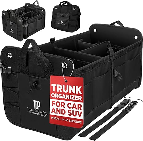 The trunk storage box is suitable for cars, SUVs and trucks. It is a high-end adjustable multi-compartment foldable car trunk storage bag with a fixed strap and an anti-slip bottom (large size, black).