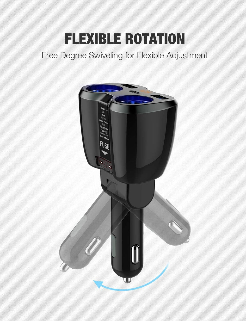 Car charger, 2-socket cigarette lighter splitter 12/24V 80W, dual USB Type-C ports, independent switch, LED voltage display, built-in replaceable 10A fuse, compatible with mobile phone GPS and dashcam