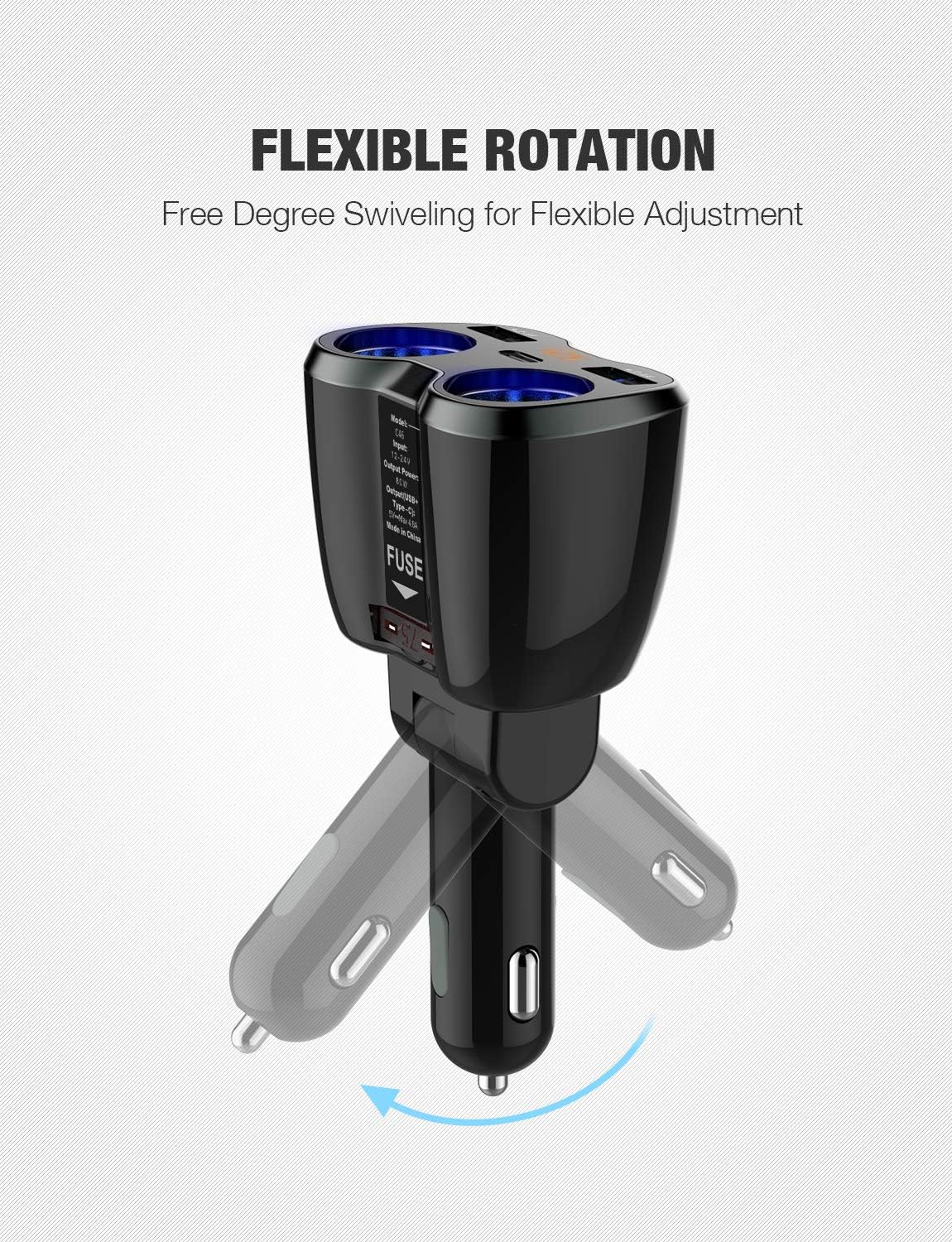 Car charger, 2-socket cigarette lighter splitter 12/24V 80W, dual USB Type-C ports, independent switch, LED voltage display, built-in replaceable 10A fuse, compatible with mobile phone GPS and dashcam