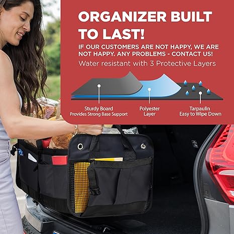 The trunk storage box is suitable for cars, SUVs and trucks. It is a high-end adjustable multi-compartment foldable car trunk storage bag with a fixed strap and an anti-slip bottom (large size, black).