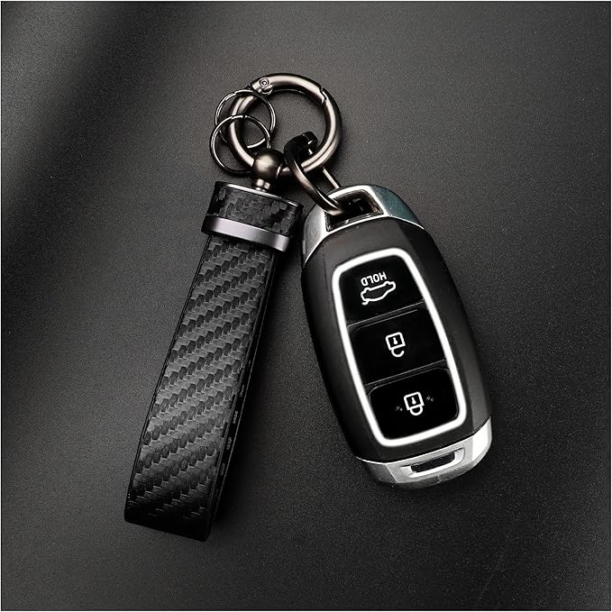 Leather car keychain - Carbon fiber internal keychain with anti-loss D-ring - car accessory keychain (black)